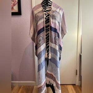 Caslon Pastel Striped Kimono Cardigan with Tassels